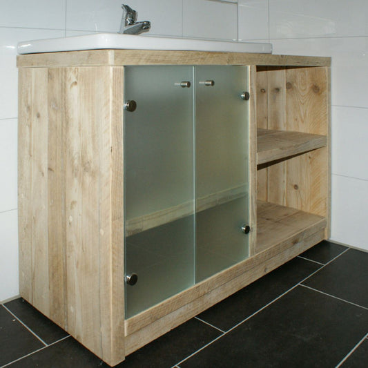 Bauholz Unterschrank mit Glas Schwenktüren